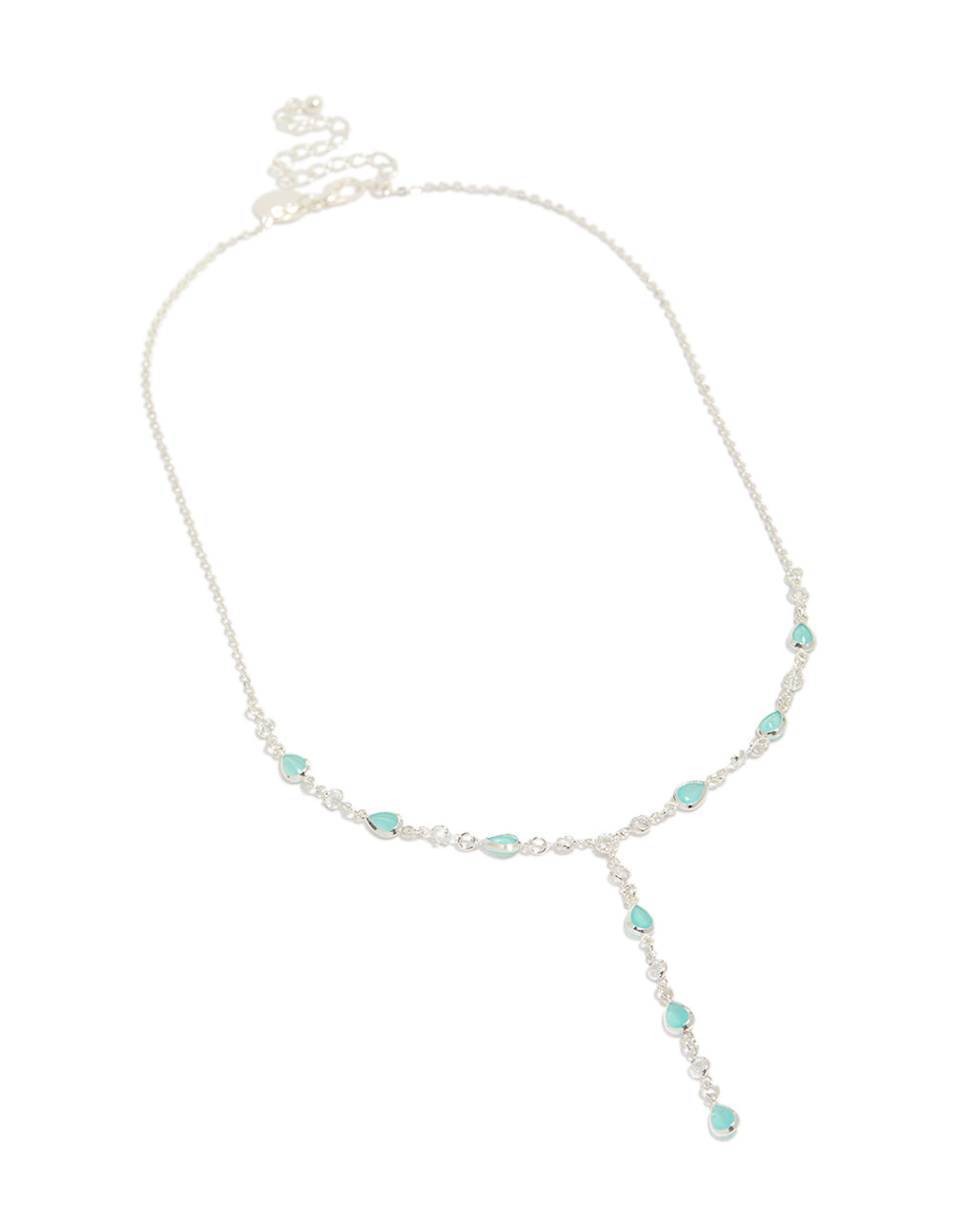 Close up view of a plated statement Y-necklace with alternating blue oval zirconia stones front view