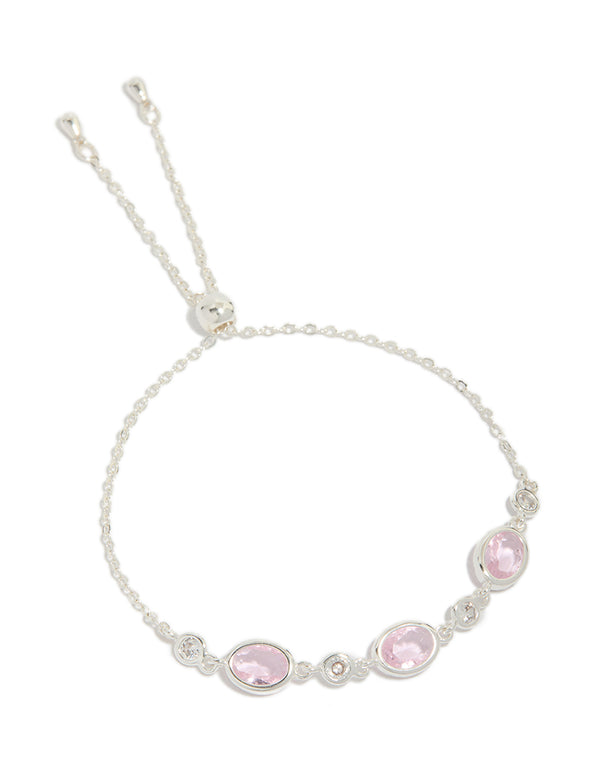 Beautifully crafted silver plated statement bracelet featuring pink cubic zirconia in triple bezel settings front view