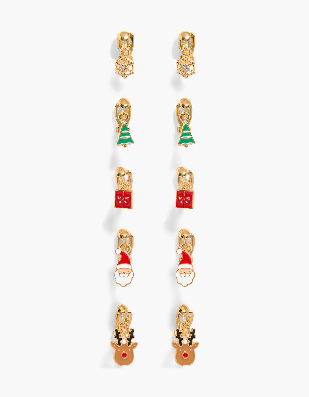 Kids Gold Gift & Reindeer Charm Clip-On Earrings 5-Pack