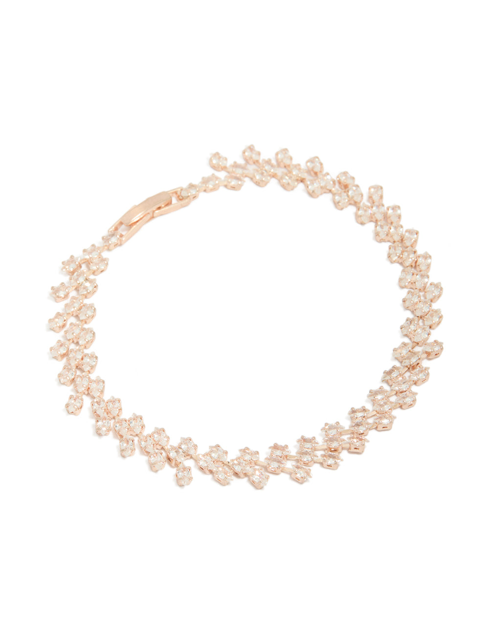 Showcasing a rose gold plated marquise cubic zirconia bracelet front view