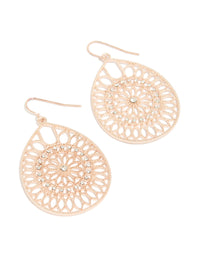 Beautifully crafted statement drop earrings featuring floral filigree design in rose gold with diamante accents front view - link has visual effect only