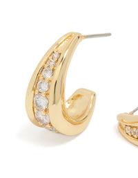 Stunning drop shaped hoop earrings in gold plated finish with cubic zirconia close up view - link has visual effect only