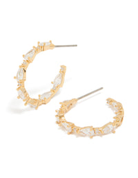 Showcasing teardrop medium open hoop earrings crafted from gold plated material with cubic zirconia stones in clear front view - link has visual effect only