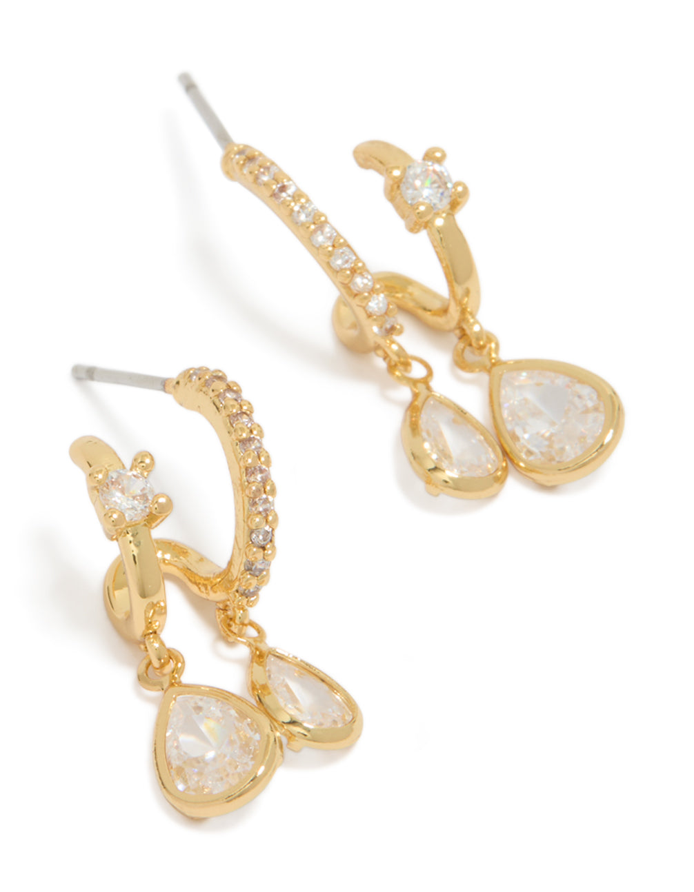 Showcasing gold plated cubic zirconia double drop open hoop stud earrings with clear accents front view