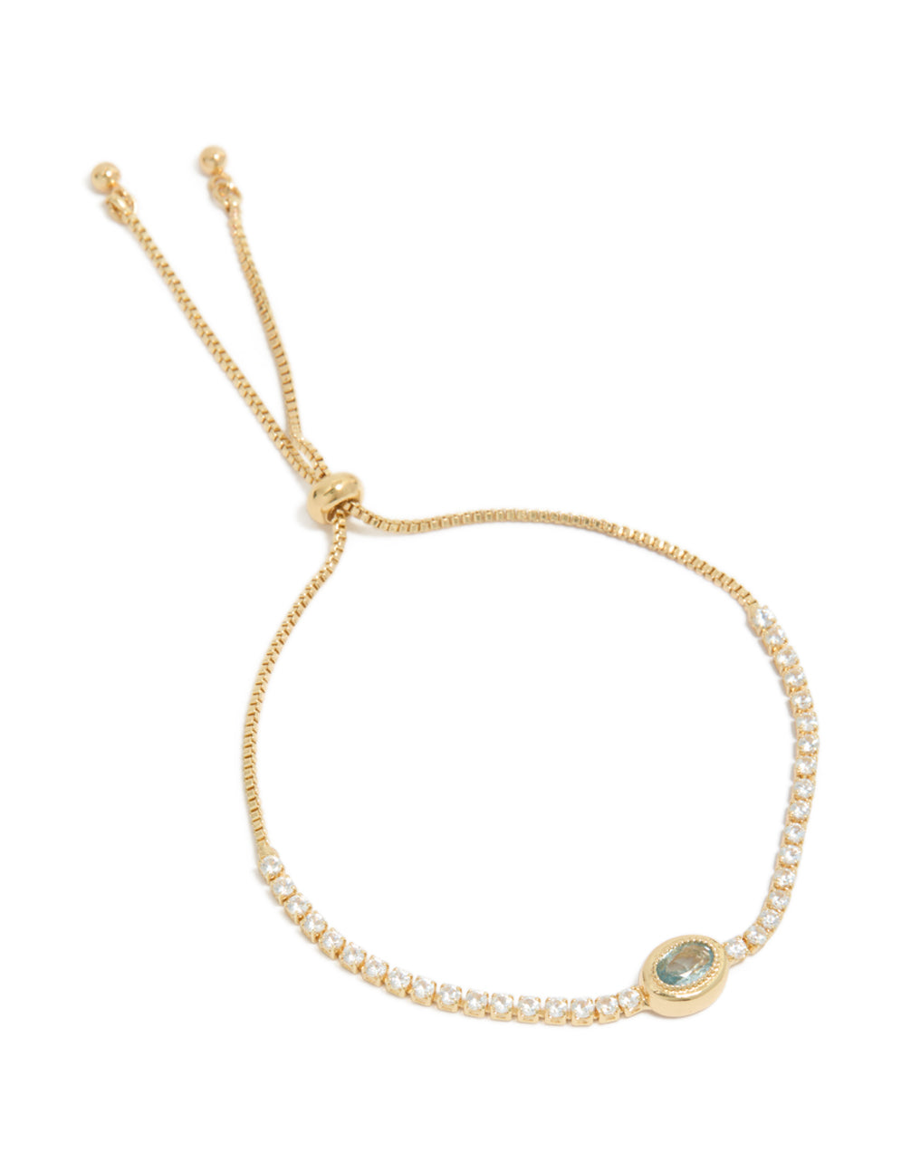Showcasing a gold plated cubic zirconia oval bezel toggle bracelet teal accents front view