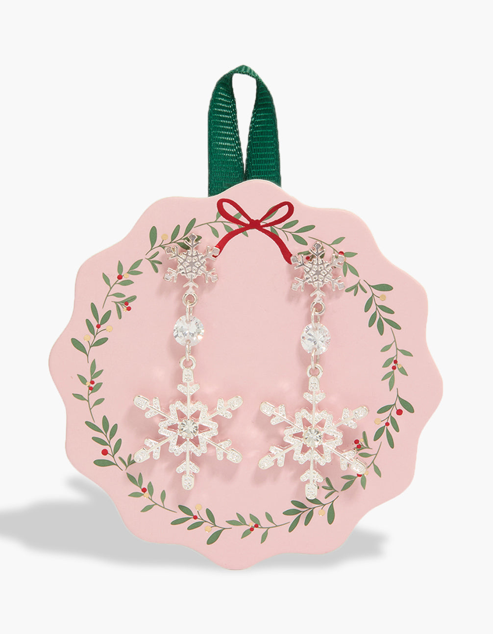 Showcasing silver diamante snowflake drop earrings in clear tone front view