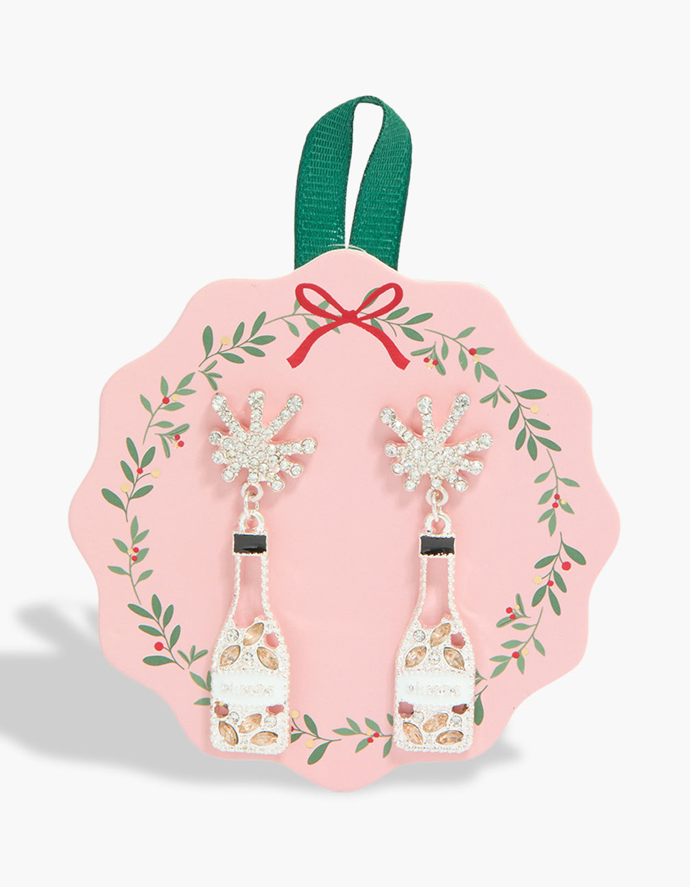 Showcasing statement drop earrings in silver with drink and snowflake details front view