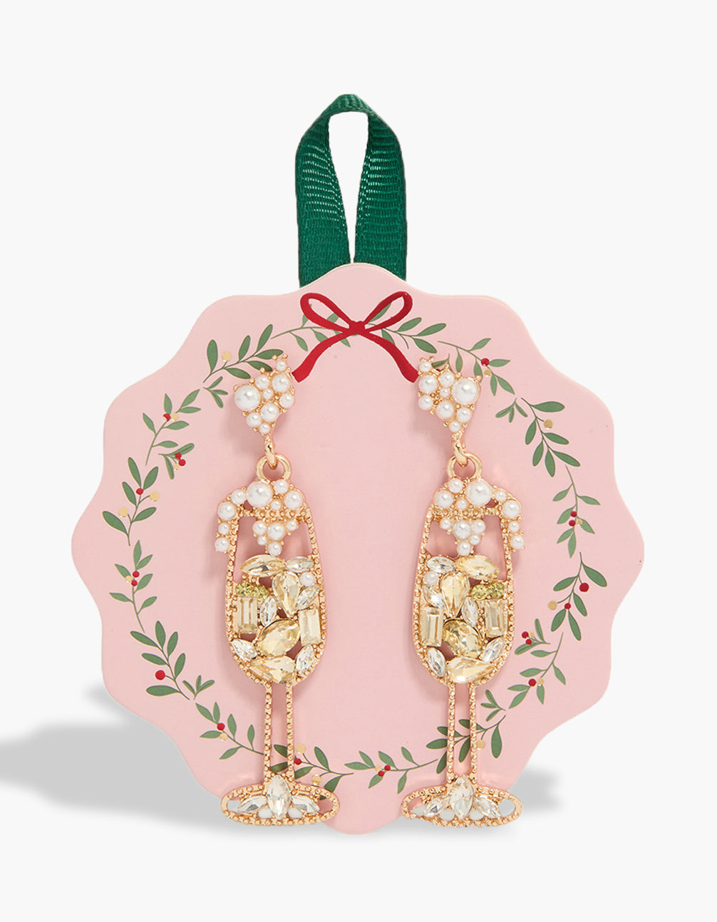 Beautifully crafted gold diamante pearl wine earrings featuring drink detail in statement design front view