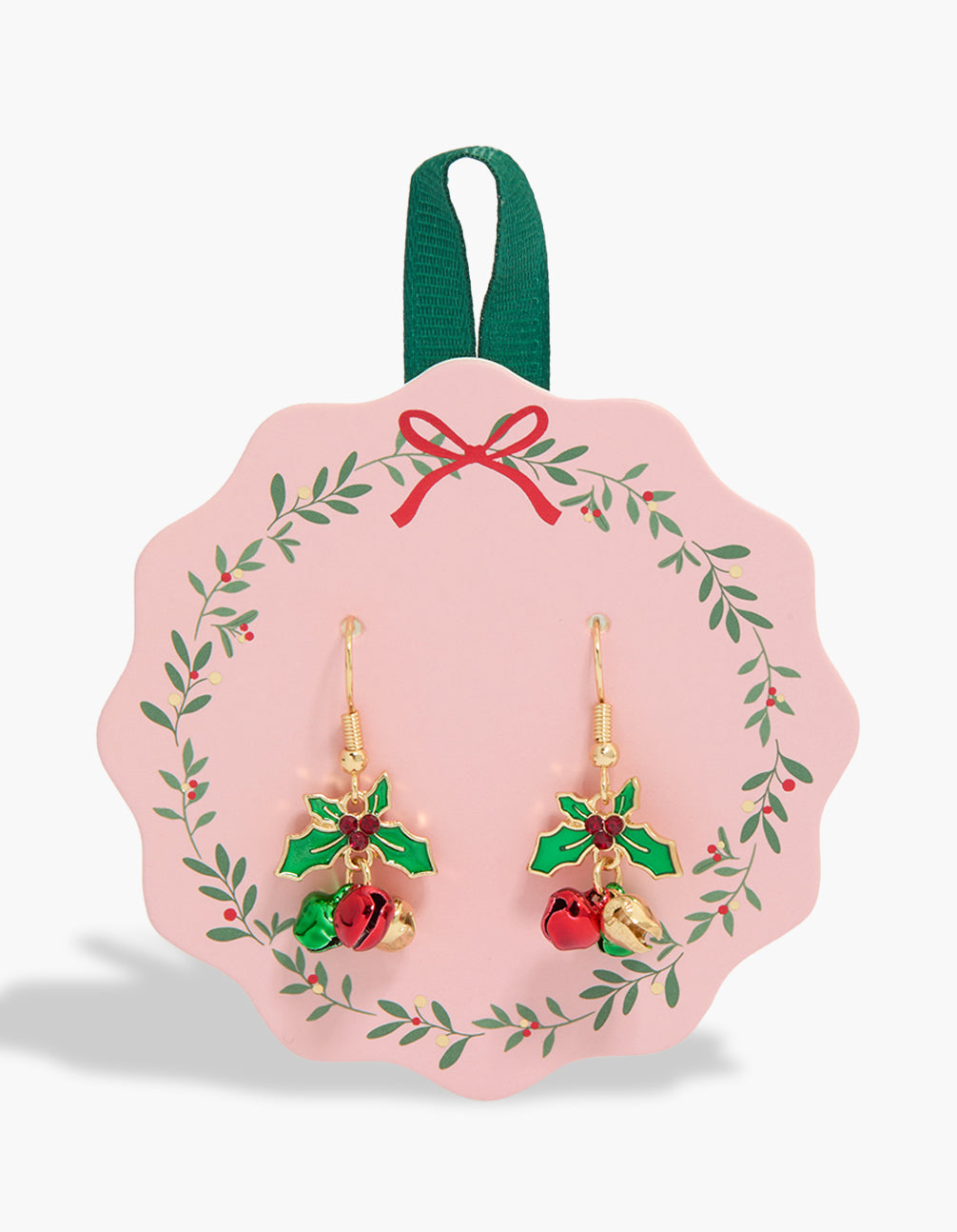 Festive gold holly plant and red bell drop earrings featuring leaf charm details front view