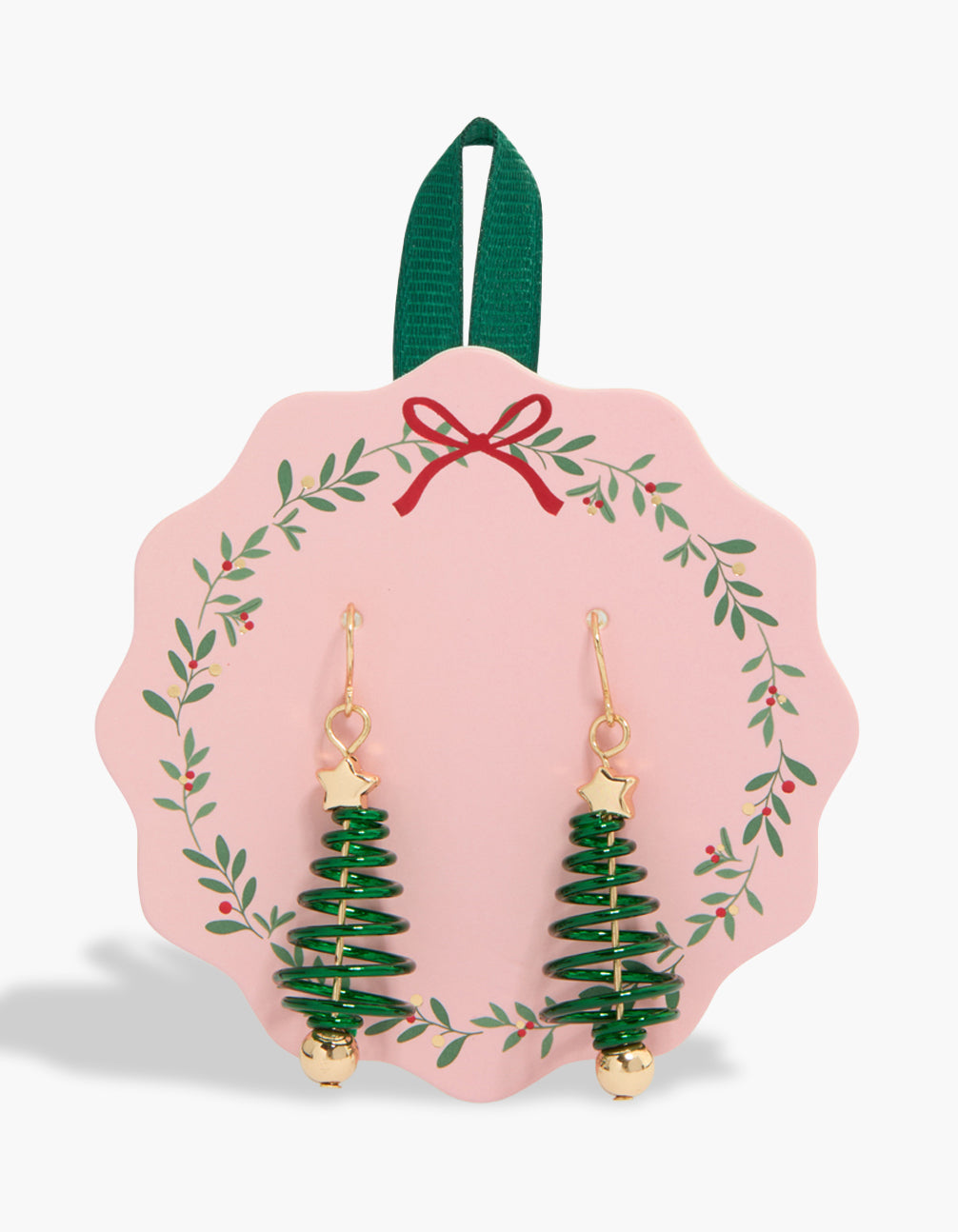Featuring gold green spiral Xmas tree drop earrings with star front view
