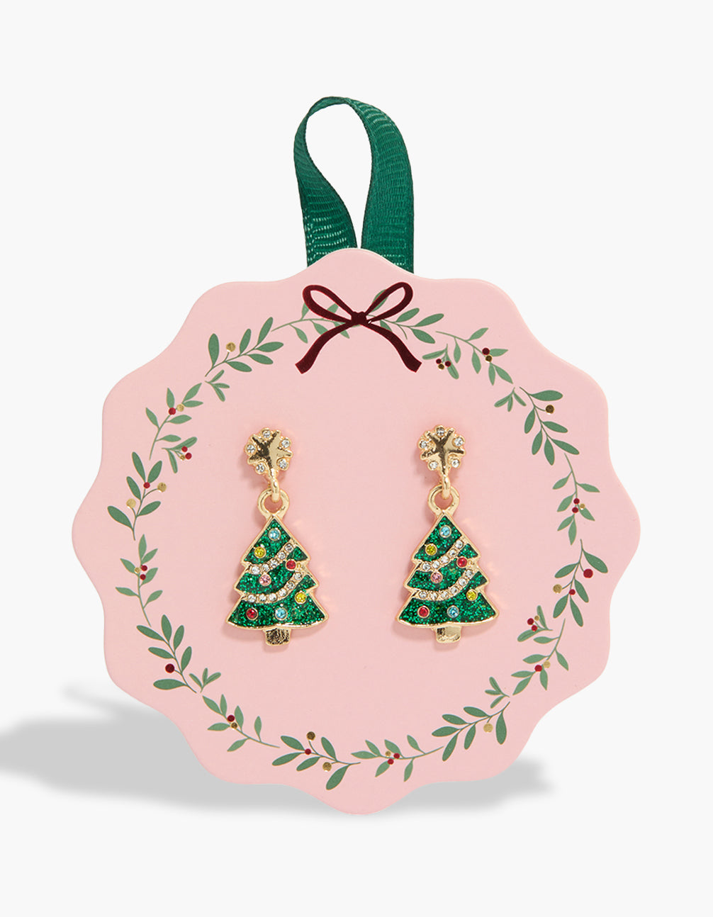 Festive acrylic tree stud earrings with glitter in green and gold front view