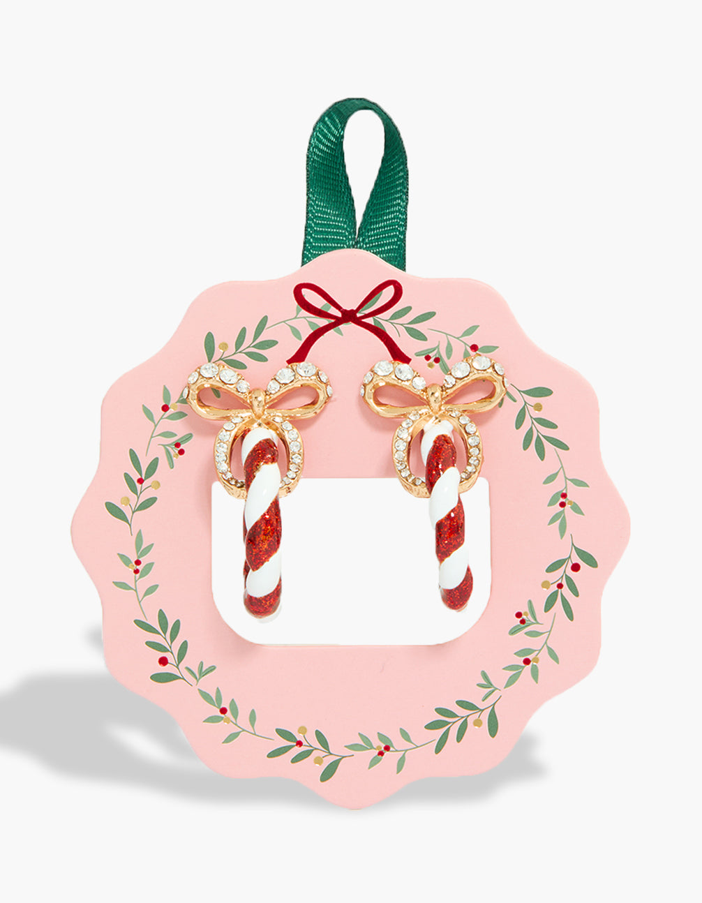 Showcasing festive gold red and white candy cane hoop earrings featuring chunky style with bow and glitter accents front view