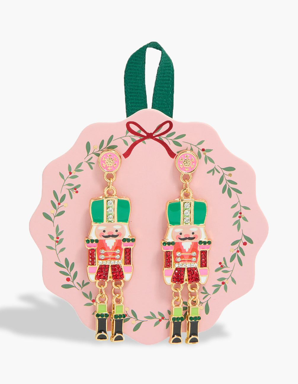 Showcasing chunky style nutcracker earrings in gold, green, red, and black front view