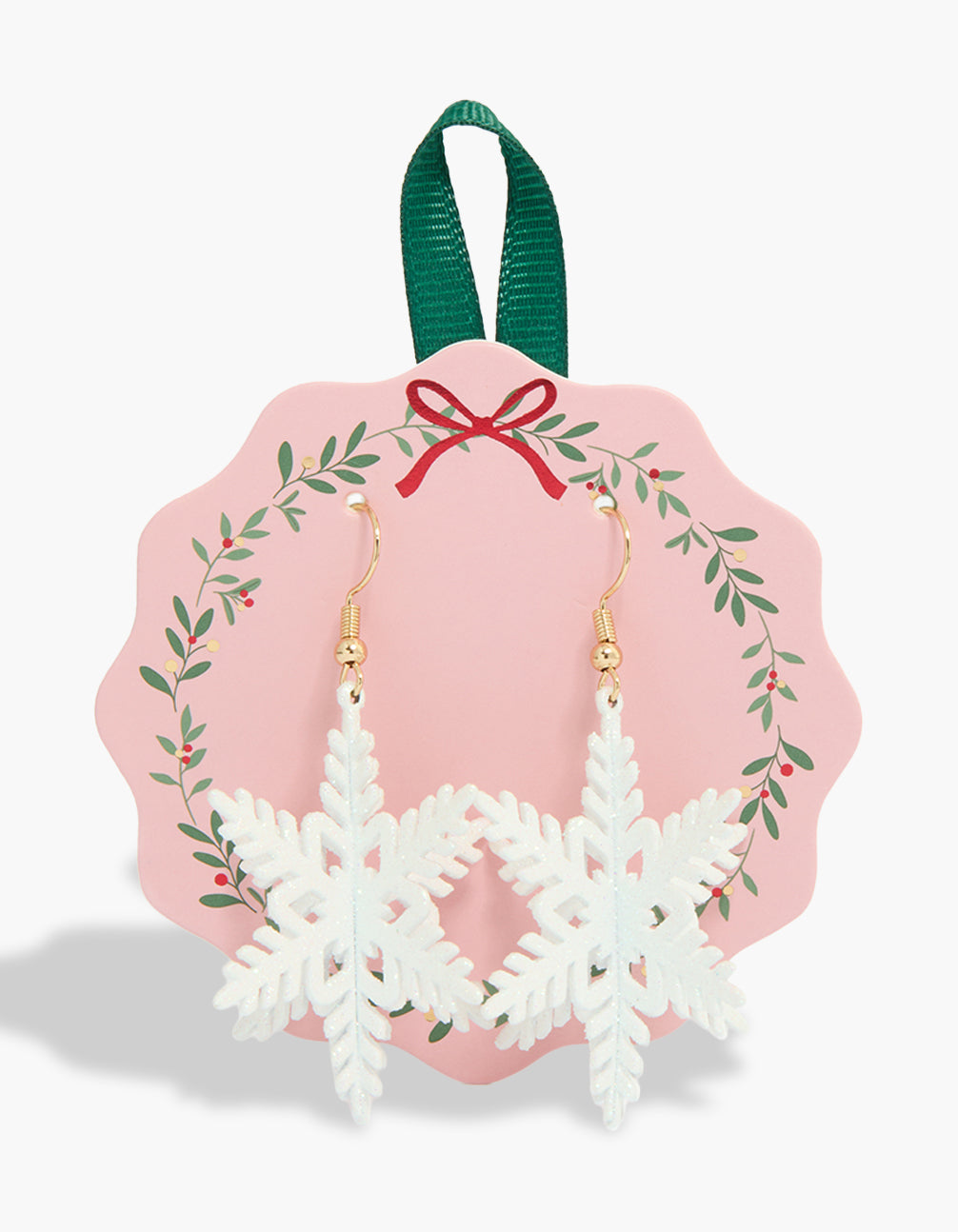Showcasing staement snowflake with glitter feature earrings in gold and white front view