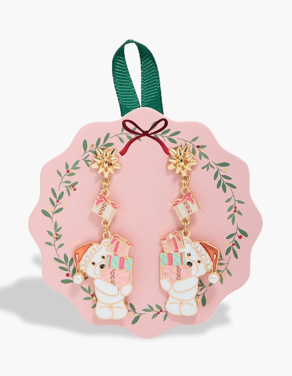 Showcasing gold bear holding presents earrings with bow, pearl details in front view