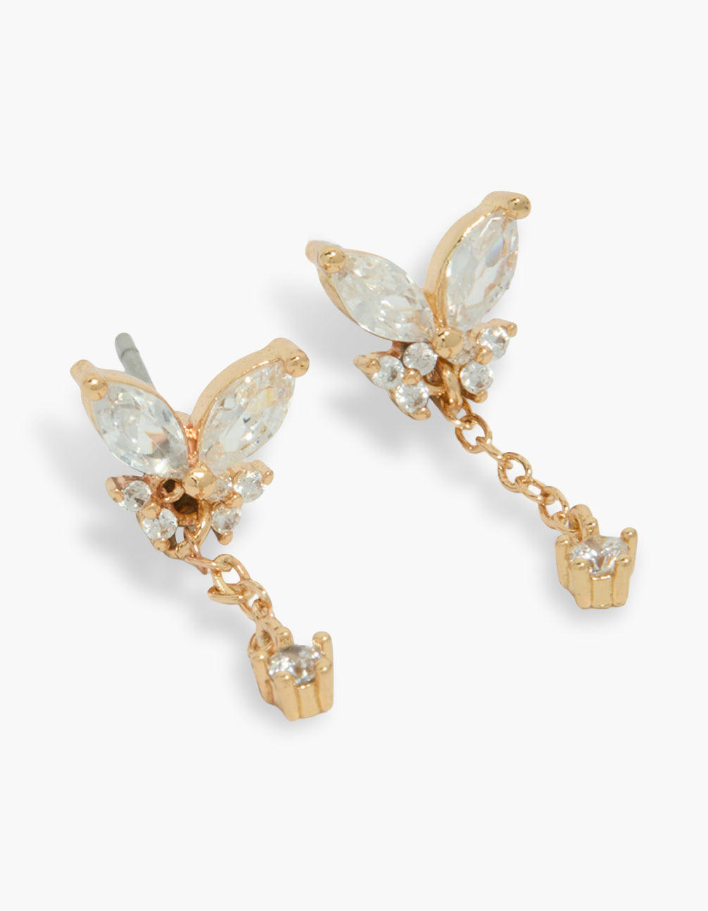 Stunning gold plated diamante butterfly drop earrings close up view