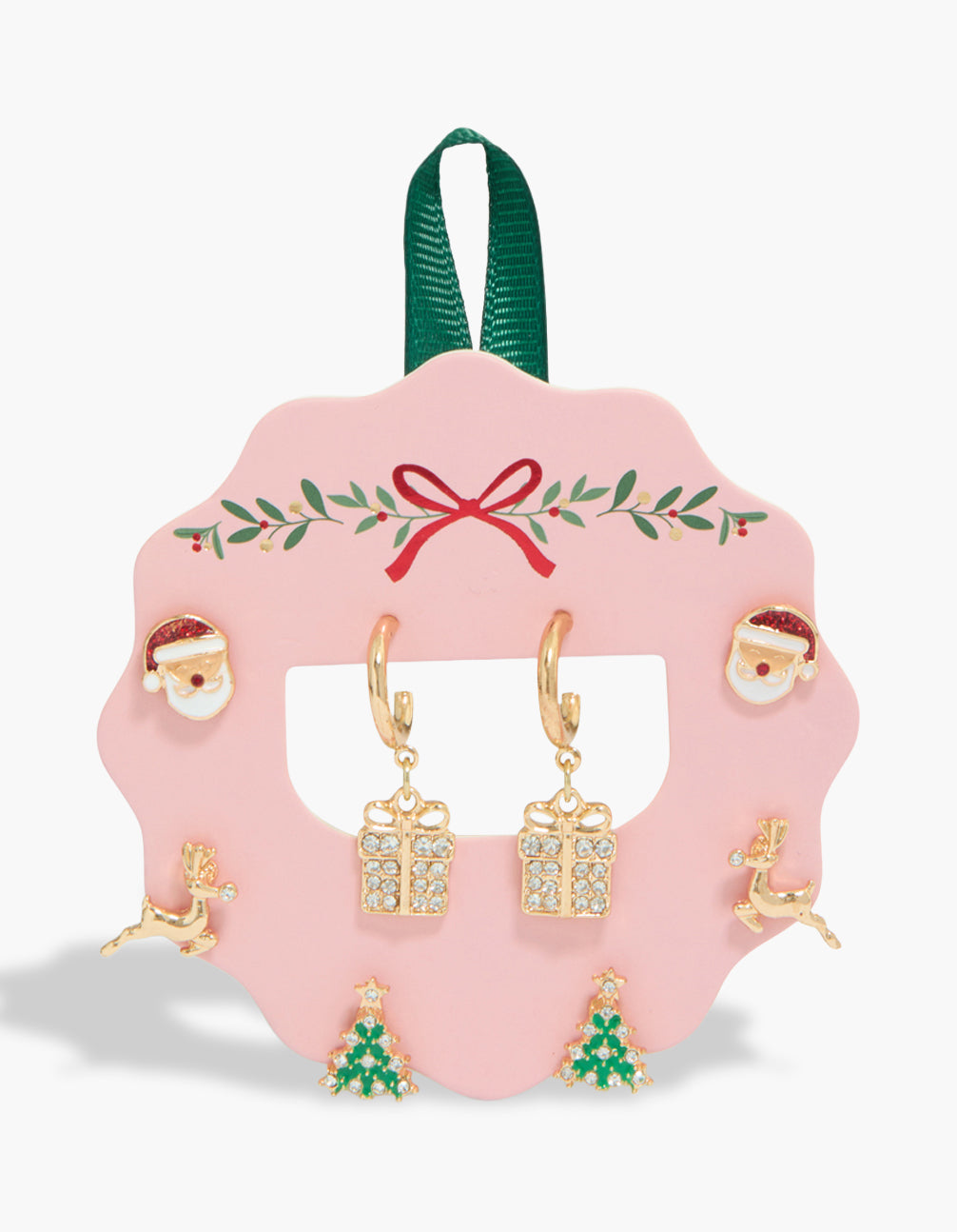 Showcasing a chunky gold Santa and present earrings 4-pack featuring animal designs with bow, tree accents, plus huggie and stud closures front view