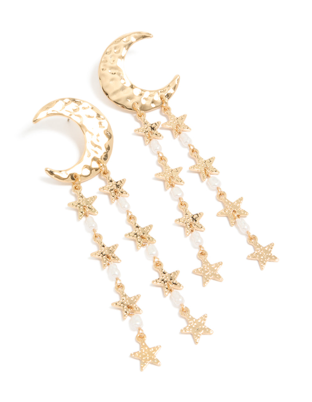 Showcasing gold crescent moon and star drop earrings with pearl accents, celestial charm design in white front view