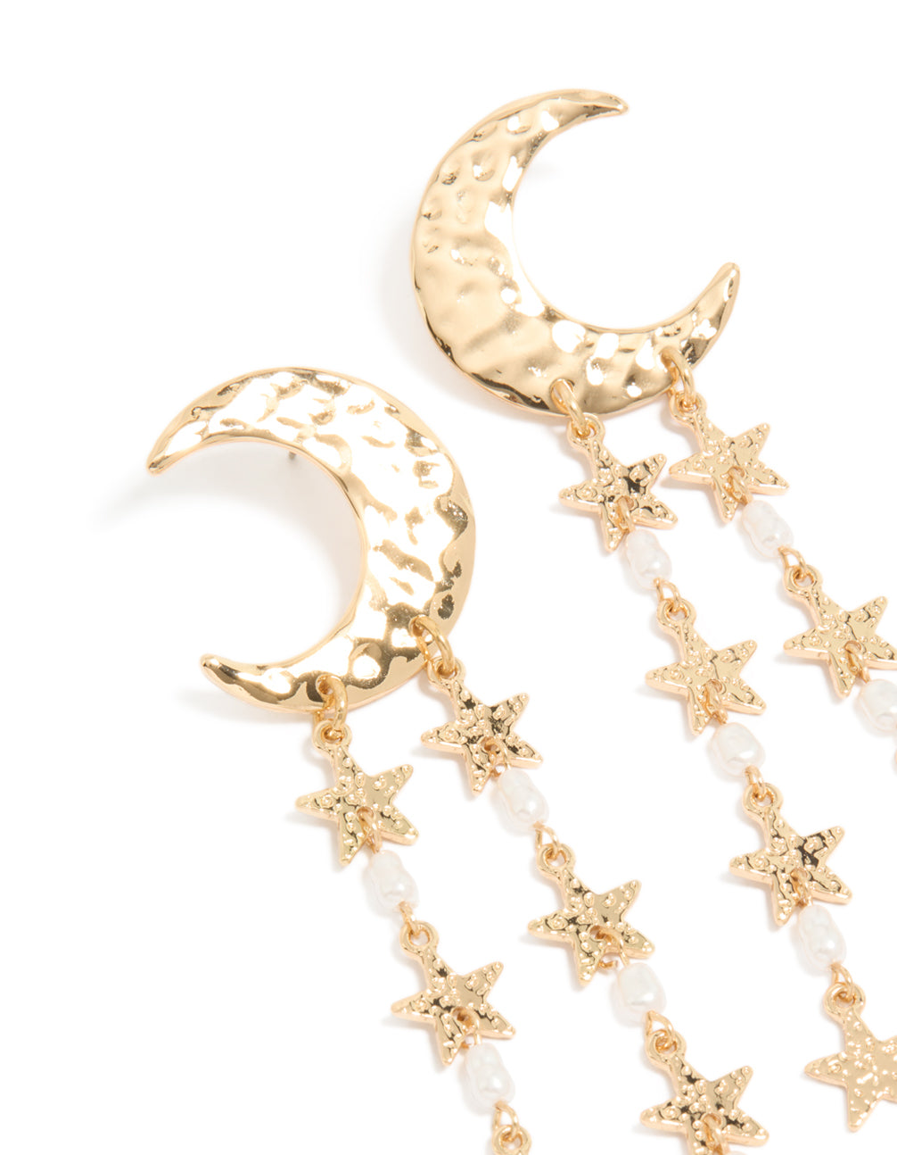 Designed with gold crescent moon and star drop earrings featuring pearl accents, celestial charm design in white close up view