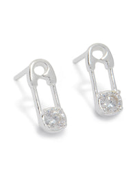 Discover statement safety pin stud earrings, crafted from sterling silver and featuring cubic zirconia in clear front view - link has visual effect only