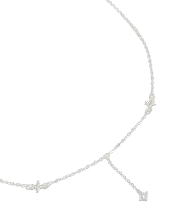 Introducing a dainty sterling silver cubic zirconia flower Y-necklace in silver close up view