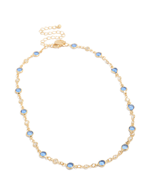Gold Plated Blue Round Crystal Station Necklace