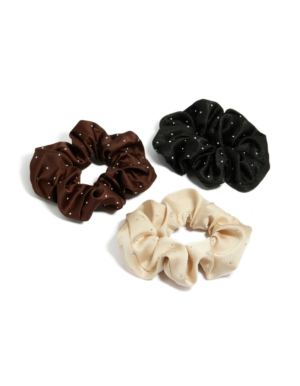 Shop this solid 3-pack satin diamante scrunchie set in black, saddle brown, and bisque accessories front view