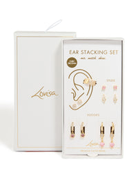 Discover gold plated pink cubic zirconia bezel drop earrings gift set, shown in packaging close up view - link has visual effect only