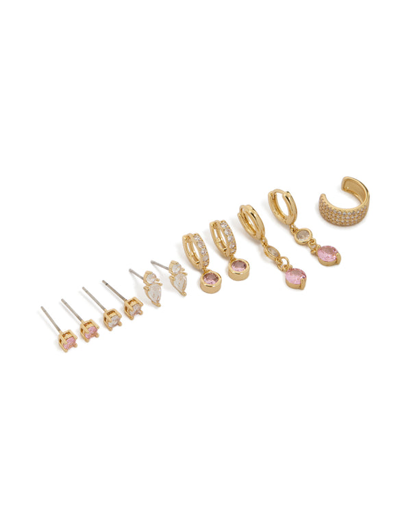 Showcasing gold plated pink cubic zirconia bezel drop earrings gift set front view