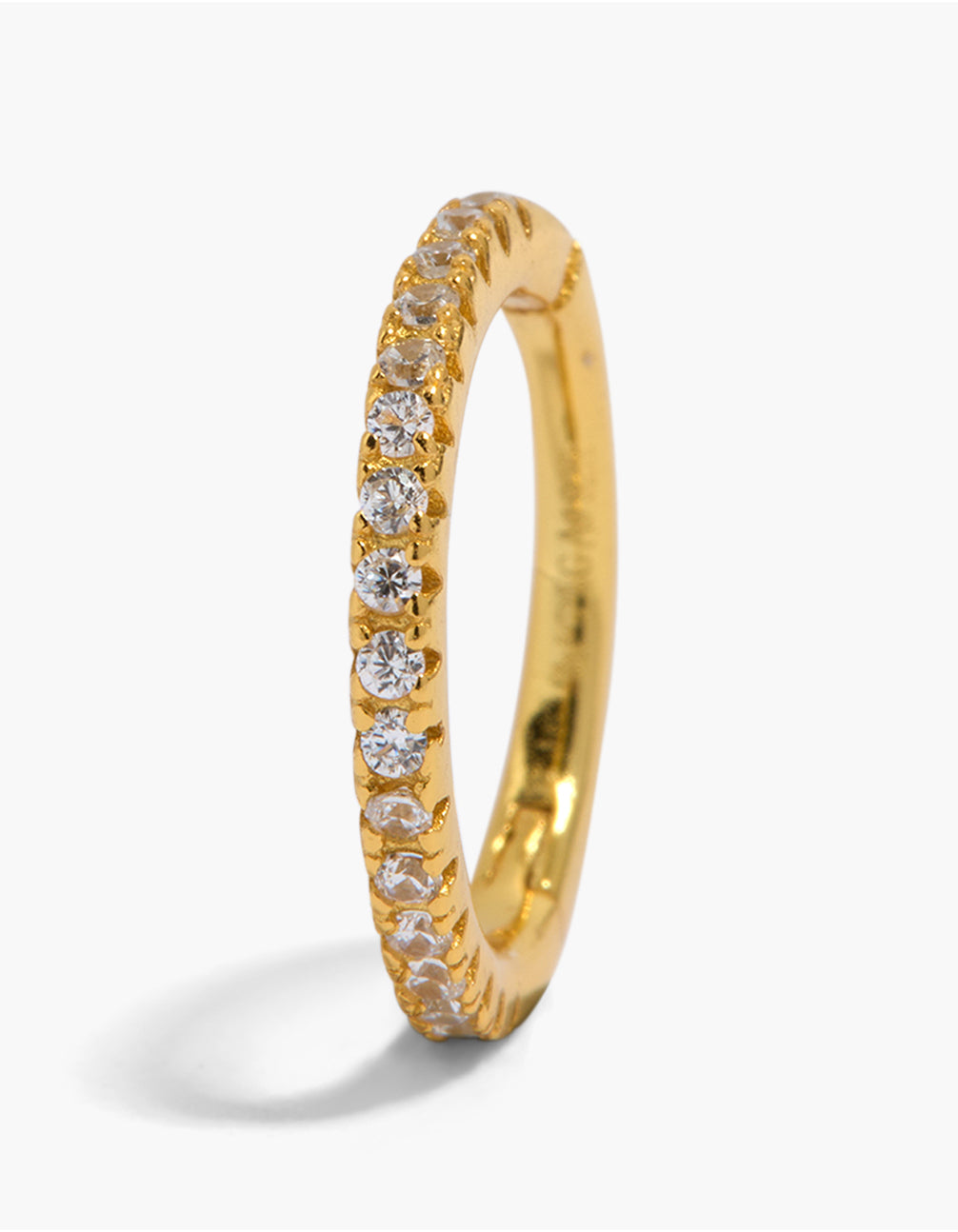 Showcasing a gold plated sterling silver cubic zirconia clicker earring with hoop closure front view