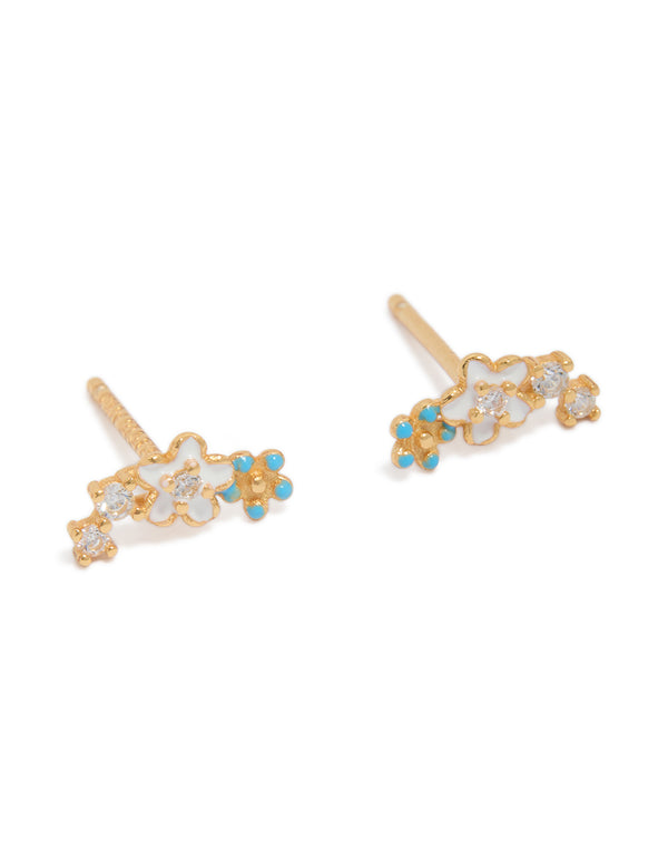 Gold Plated Sterling Silver Cubic Zirconia Flower Stud Earrings