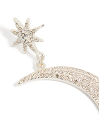 Crafted with diamante celestial star and moon drop earrings in silver with statement design close up view - link has visual effect only