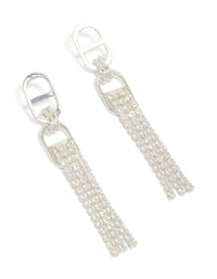 Showcasing silver diamante round attached tassel drop earrings with linked chain detail front view - link has visual effect only