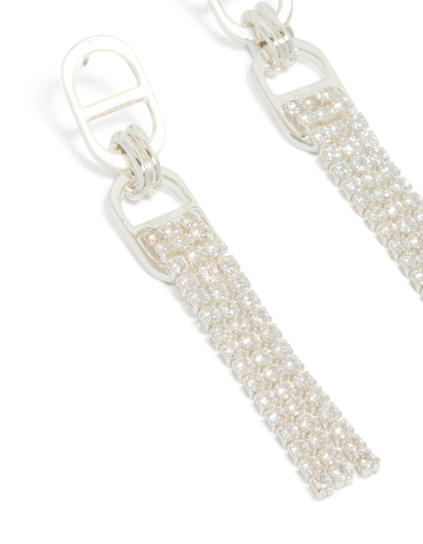 Highlighting silver diamante round attached tassel drop earrings with intricate stone setting close up view