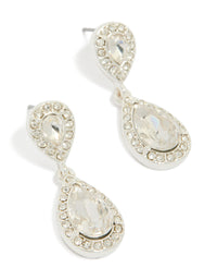 Showcasing silver double oval diamante drop earrings with pear cut stones front view - link has visual effect only