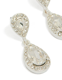 Crafted silver double oval diamante drop earrings with pear cut stones close up view - link has visual effect only