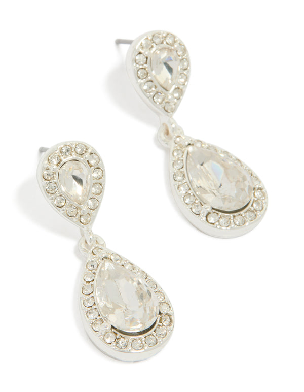 Showcasing silver double oval diamante drop earrings with pear cut stones front view