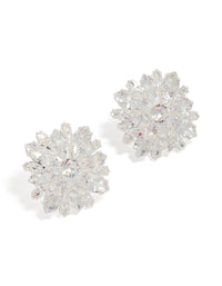 Showcasing silver plated cubic zirconia flower cluster stud earrings with floral design in clear front view - link has visual effect only
