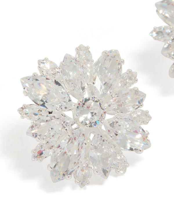 Elegant silver plated cubic zirconia flower cluster stud earrings featuring floral design in clear close up view