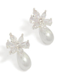 Beautifully crafted floral stud earrings featuring pearl drops and cubic zirconia detailing in a silver plated finish front view - link has visual effect only