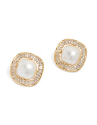 Showcasing gold plated cubic zirconia and pearl stud earrings front view - link has visual effect only