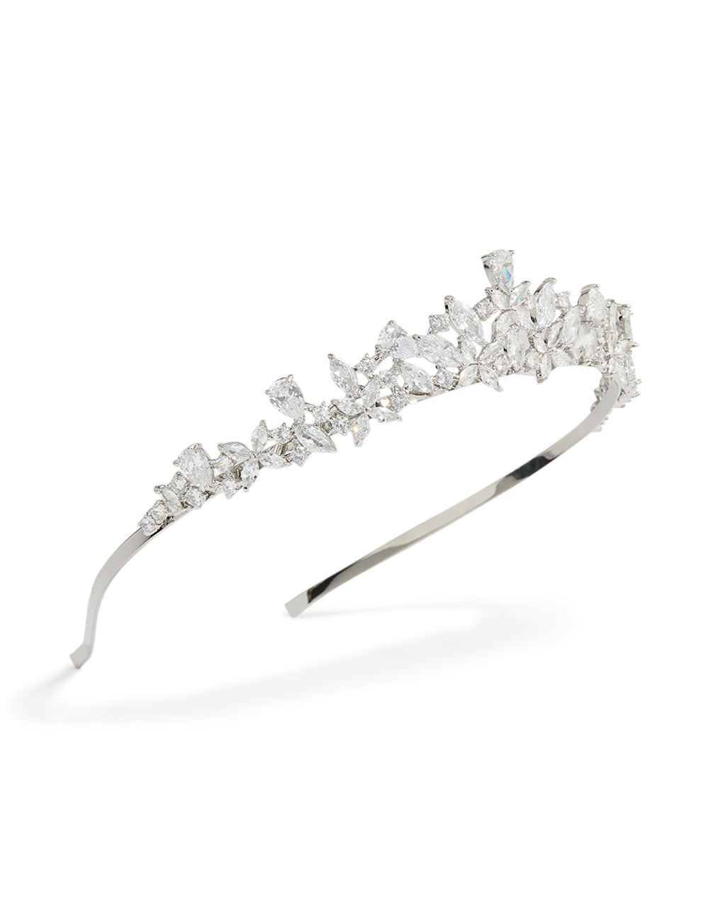 Elegant cubic zirconia mixed marquise floral crown in silver with clear stones side view