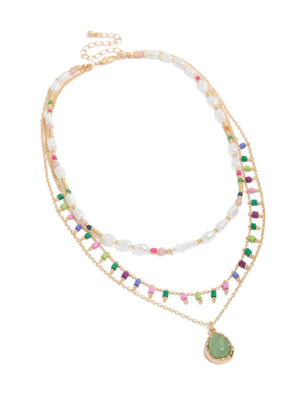 Gold Bead & Pearl Layered Pendant Necklace