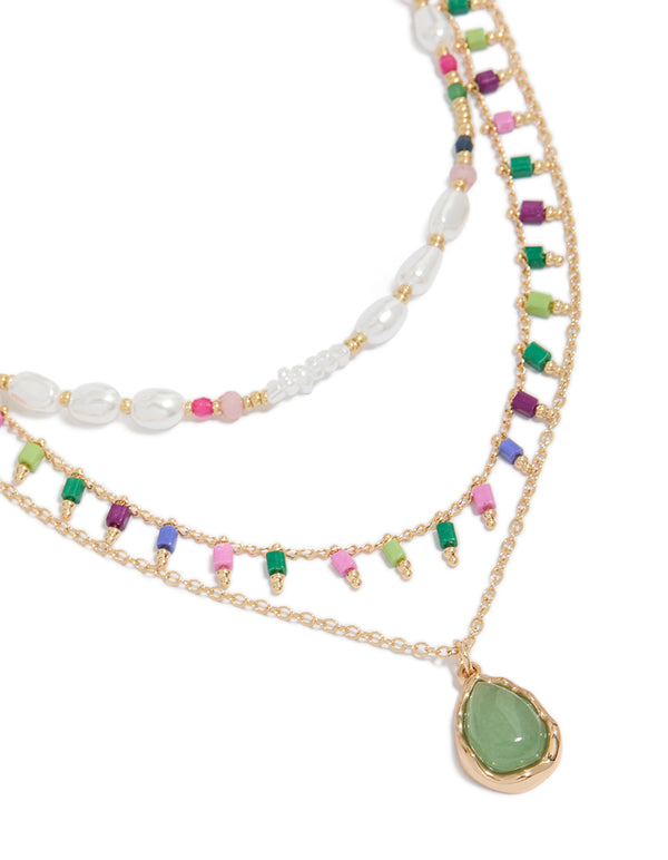 Gold Bead & Pearl Layered Pendant Necklace