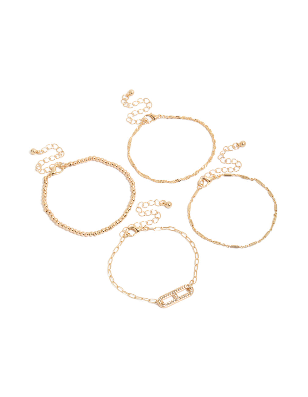 Featuring a gold chain, bar and beads bracelets 4-pack front view