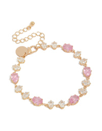 Showcasing a bracelet with round stone cut featuring gold, pink and clear diamantes front view - link has visual effect only