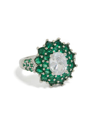 Showcasing a cubic zirconia green statement floral ring crafted from crystal in clear and silver front view - link has visual effect only
