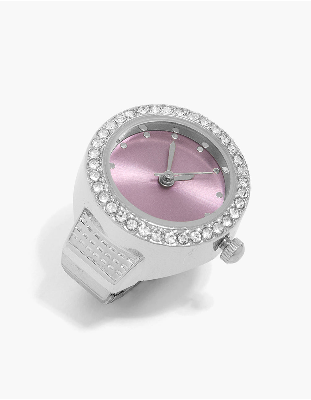 Showcasing a statement watch ring in silver and plum front view