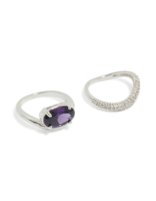 Showcasing silver plated cubic zirconia purple oval rings in a statement 2-pack with crystal accents front view