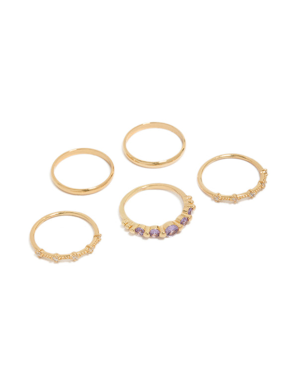 Showcasing gold plated cubic zirconia dainty stacking rings in a 5-pack front view